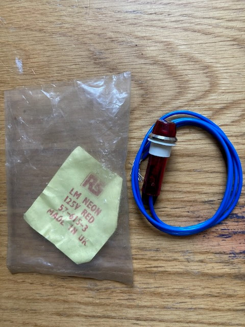 1960s RS, Radiospares, Neon Indicator, 125 V, Wire Leaded, As used on VOX AC30 Amplifiers, Red Lens, Chrome Bezel, 57-615-3