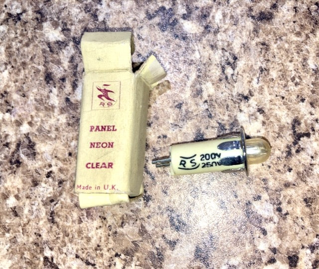 1960s RS, Radiospares, CLEAR, Neon Indicator, 240 V, Wire Leaded, As used on Marshall Amplifiers, Clear Lens, Chrome Bezel (Copy)