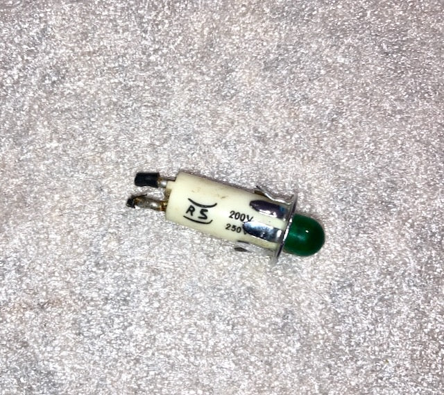 1960s RS, Radiospares, Neon Indicator, 240 V, Wire Leaded, As used on Marshall Amplifiers, Green Lens, Chrome Bezel