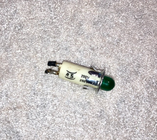 1960s RS, Radiospares, Neon Indicator, 240 V, Wire Leaded, As used on Marshall Amplifiers, Green Lens, Chrome Bezel