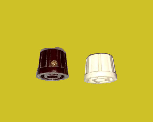 2x, RIBBED CONICAL &nbsp;KNOBS WITH CONVEX TOP, ONE BROWN ONE WHITE BAKELITE, &nbsp;6mm SHAFT, &nbsp;15mm HEIGHT, 18mm DIA.