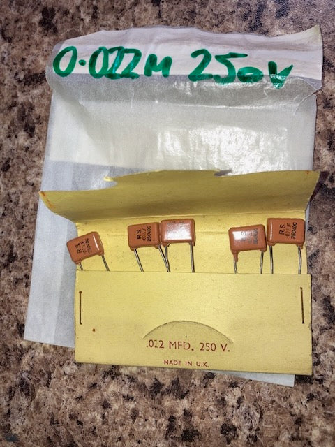 RS, RADIOSPARES, POLYESTER CAPACITORS, 0.022uF 250V, PACK 5