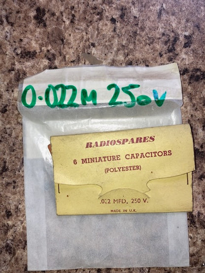 RS, RADIOSPARES, POLYESTER CAPACITORS, 0.022uF 250V, PACK 5