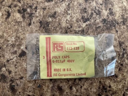 RS, RADIOSPARES, POLY CAPACITORS, 0.022uF 400V, PACK 2
