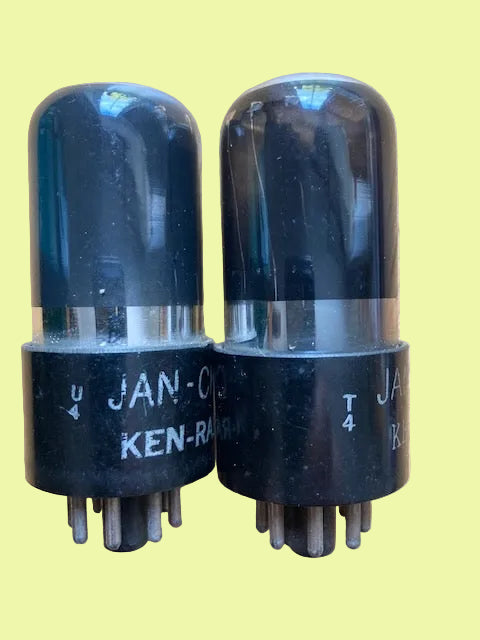 6SN7GT, KEN-RAD,  MATCHED PAIR, VT-231,  BLACK GLASS, FAT BASE, BOTTOM GETTER FLASH, COPPER GRID POSTS, 1944 PRODUCTION, 6SN7