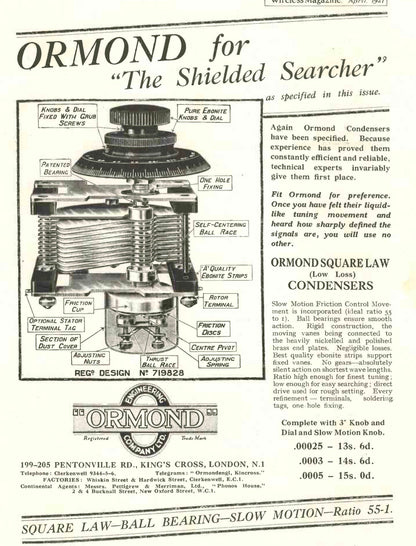 Ormond, Brass Variable Condenser, c/w Slow Motion Drive and Bakelite Knob Set - Broken Vernier as shown, 0.0005uuF, 1927 