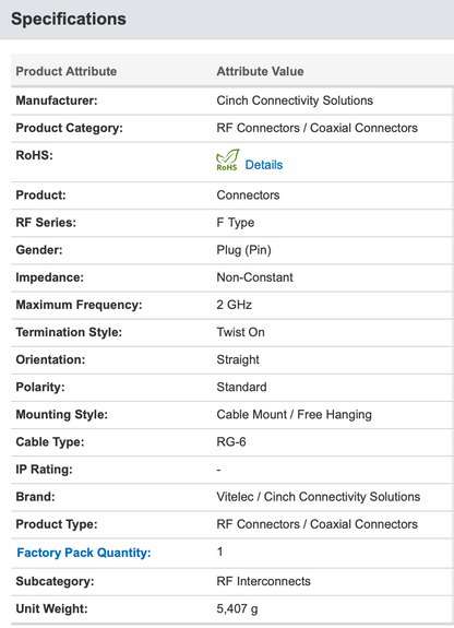 Vitelec / Cinch Connectivity Solutions, TOF56, F STRAIGHT PLUG, 75R SCREW ON