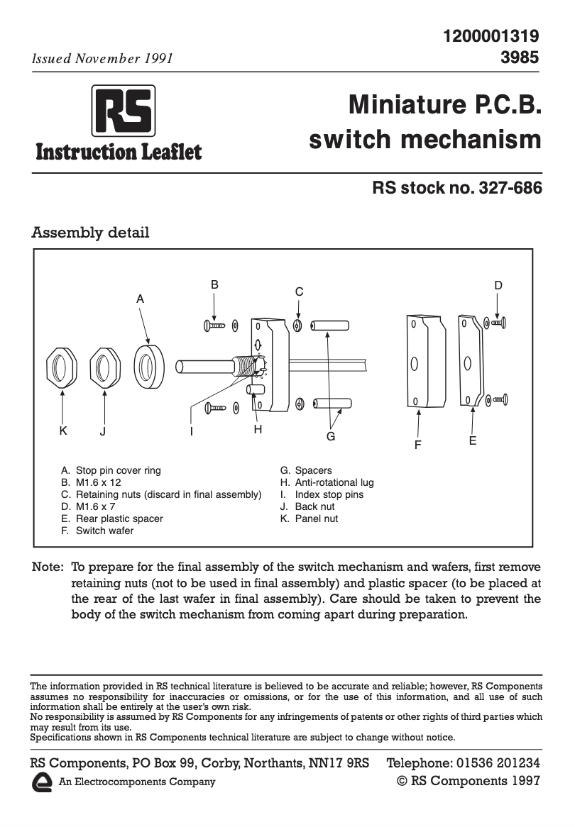 Radiospares, RS, SP12T, 12 Position, 1 Pole, Rotary Switch, Wafer, Elektro Bauelemente Gmbh, 12 Position Rotary Switch, 200 mA @ 115 V, RS 327-692