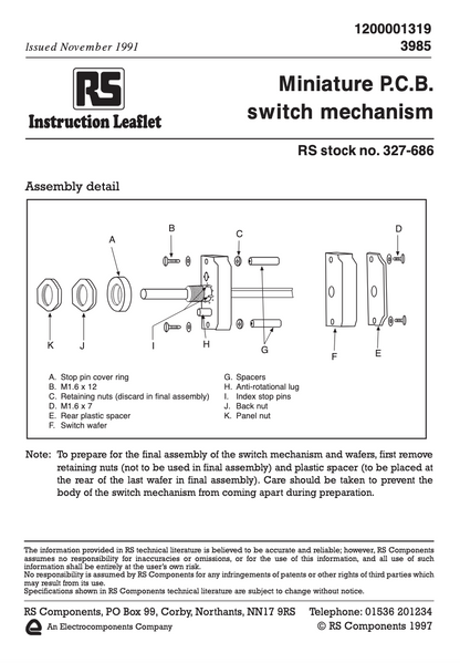 Radiospares, RS, SP12T, 12 Position, 1 Pole, Rotary Switch, Wafer, Elektro Bauelemente Gmbh, 12 Position Rotary Switch, 200 mA @ 115 V, RS 327-692