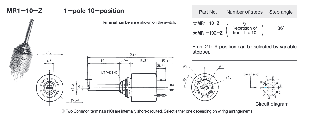 Radiospares, RS, Fujisoku, Nidec, Rotary Switch, 1 Pole, 10 Position,  RS 762-5665,  MR1-10