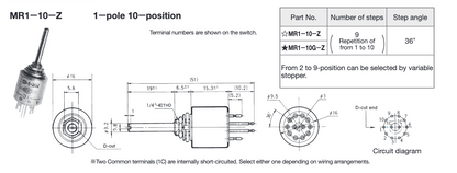 Radiospares, RS, Fujisoku, Nidec, Rotary Switch, 1 Pole, 10 Position,  RS 762-5665,  MR1-10