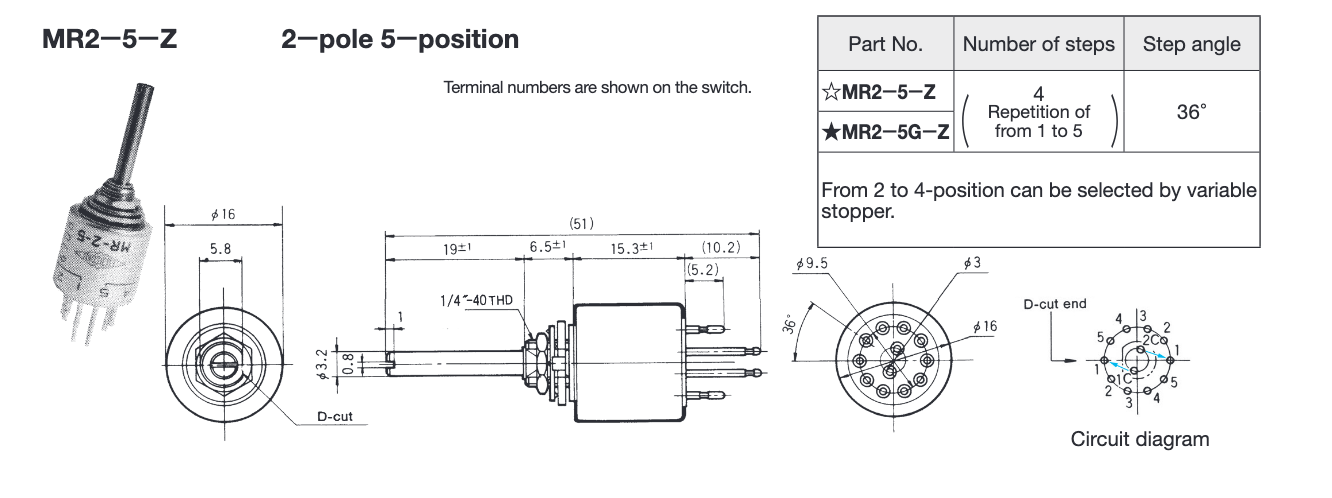 Radiospares, RS, Fujisoku, Nidec, Rotary Switch, 2 Pole, 5 Position,  RS 762-5665,  MR2-5-5