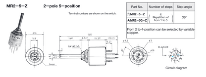 Radiospares, RS, Fujisoku, Nidec, Rotary Switch, 2 Pole, 5 Position,  RS 762-5665,  MR2-5-5
