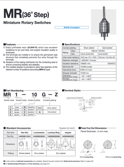 Radiospares, RS, Fujisoku, Nidec, Rotary Switch, 1 Pole, 10 Position,  RS 762-5665,  MR1-10