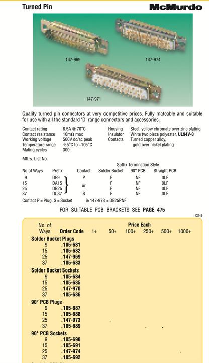 McMurdo D-sub Connector, Cable side connector, 9 position, Male, DE9P0LF, Farnell, 105681