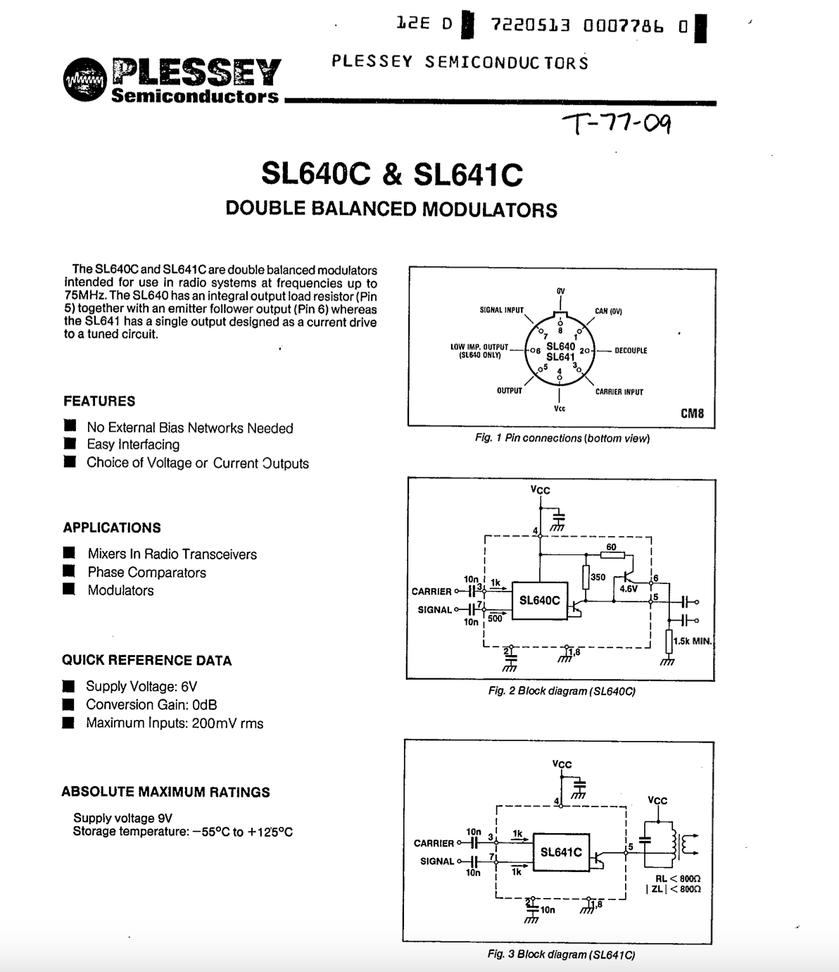 Plessey, SL640, SL640C, Double Balanced Modulators,  IC