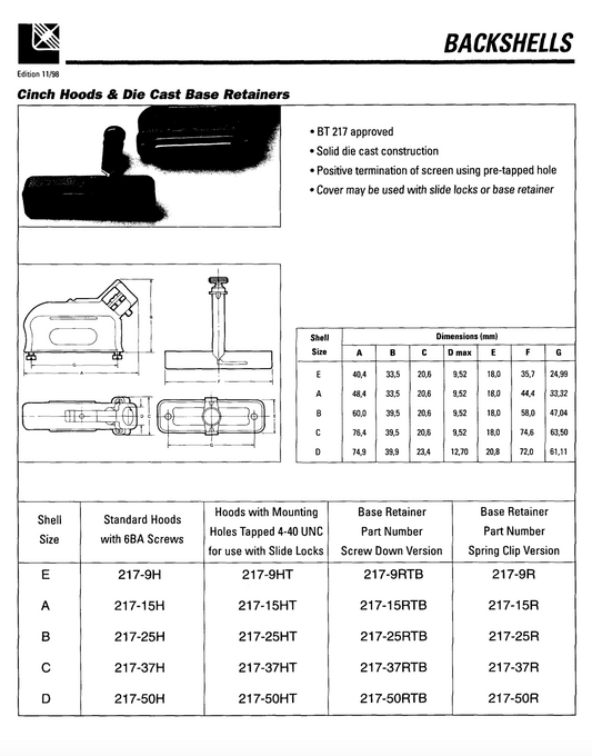 Cinch, 217-15H, RS 466-242,  D-type,15 way, cast aluminium shroud, cast aluminium back shell, 45 degree cable entry, marked RS