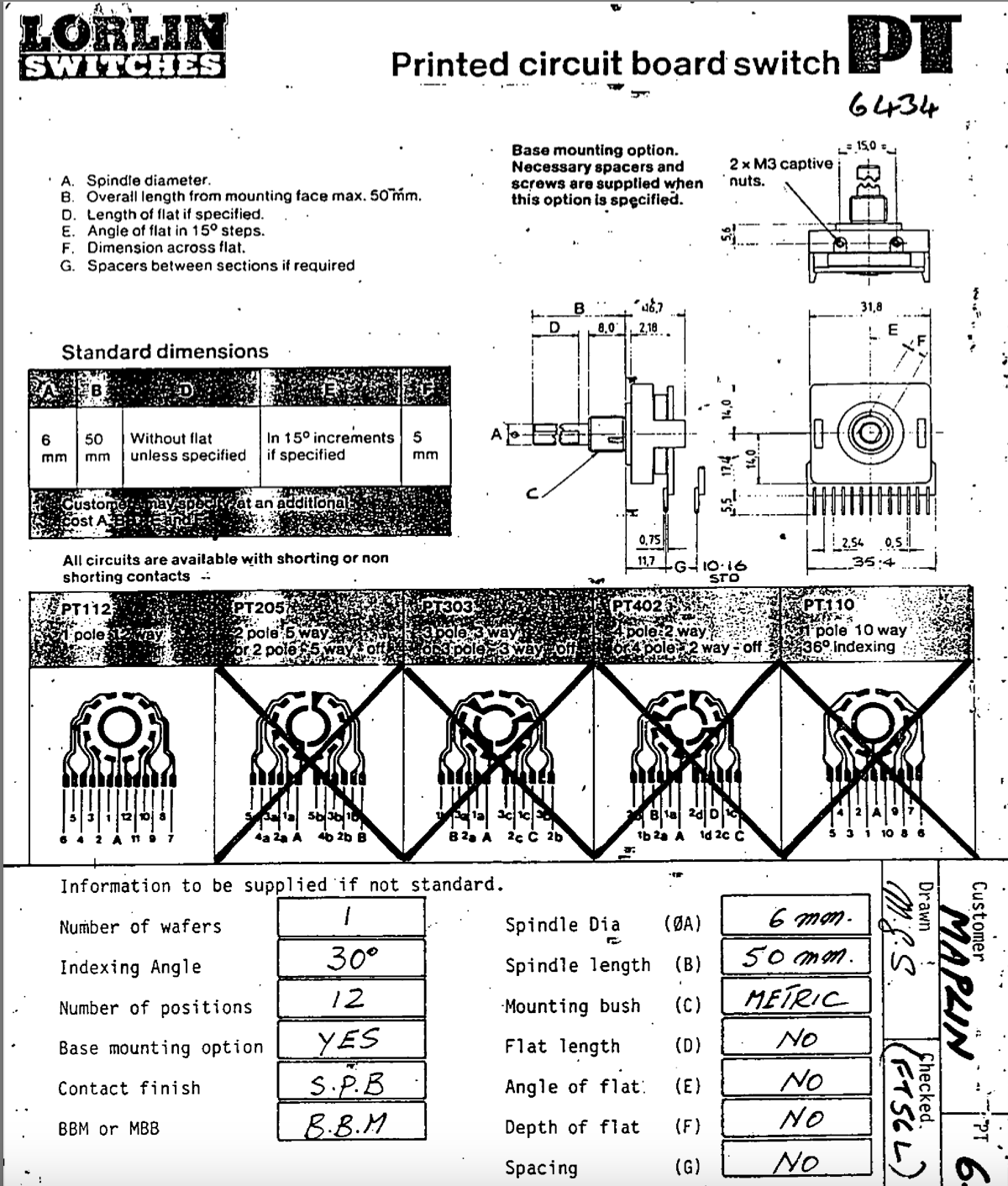 PT6434/BMH, Electronics, Rotary Switch, 1POLE 12 POS, THT 0.5A 250V 1 head, four wafers, 2 shafts