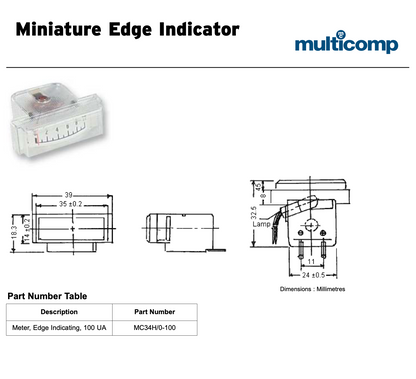 EDGE MOUNT, EDGE INDICATOR, METER, SCALED 1-10, 100uA, PM11086, MC34H/0-100, NOS