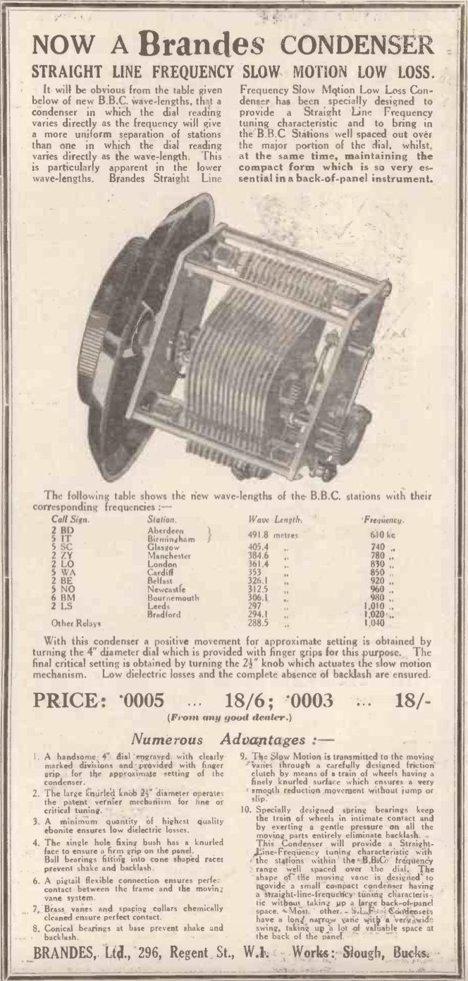 BRANDES, BRASS, VARIABLE CONDENSER, .0005 MMFD, VARIABLE CAPACITOR, C/W BROWN BAKELITE DRUM TUNING KNOB, 1927