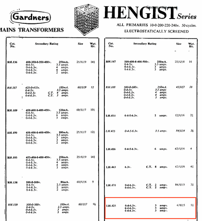 GARDNERS, LH425, HENGIST, FILAMENT TRANSFORNMER, PRIM, 0-200-220-240V, SEC, 3X 0-4-6.3V @ 3A