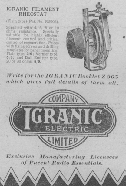 IGRANIC,FILAMENT RHEOSTAT, 1922 CATALOGUE