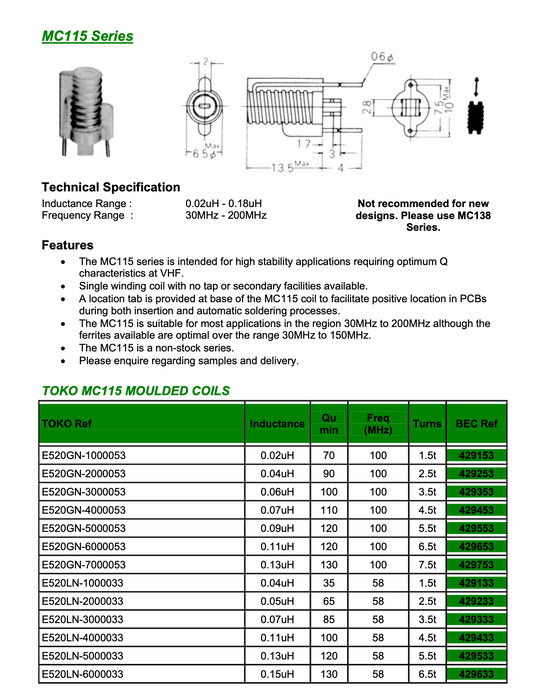 Toko, MC115, 10 mm Tunable RF Inductors, Closewound, 35-52423,  0.1uH, ,bag of 5