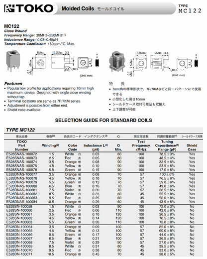Toko, MC122, 10 mm Tunable RF Inductors, Closewound, 35-10666,  170nH, 100Q@50nM, 5.5T, bag of 20