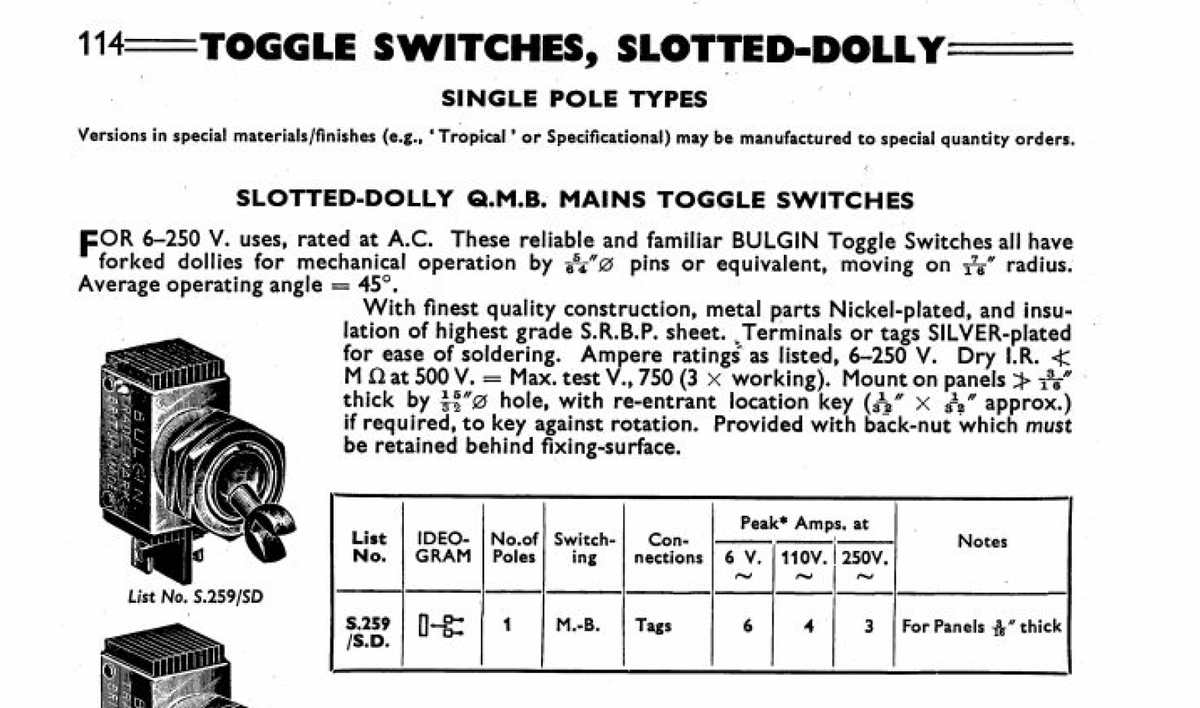 BULGIN, SPST, FORKED DOLLY, SLOTTED DOLLY, SWITCH, S332, S259/SD  NOS
