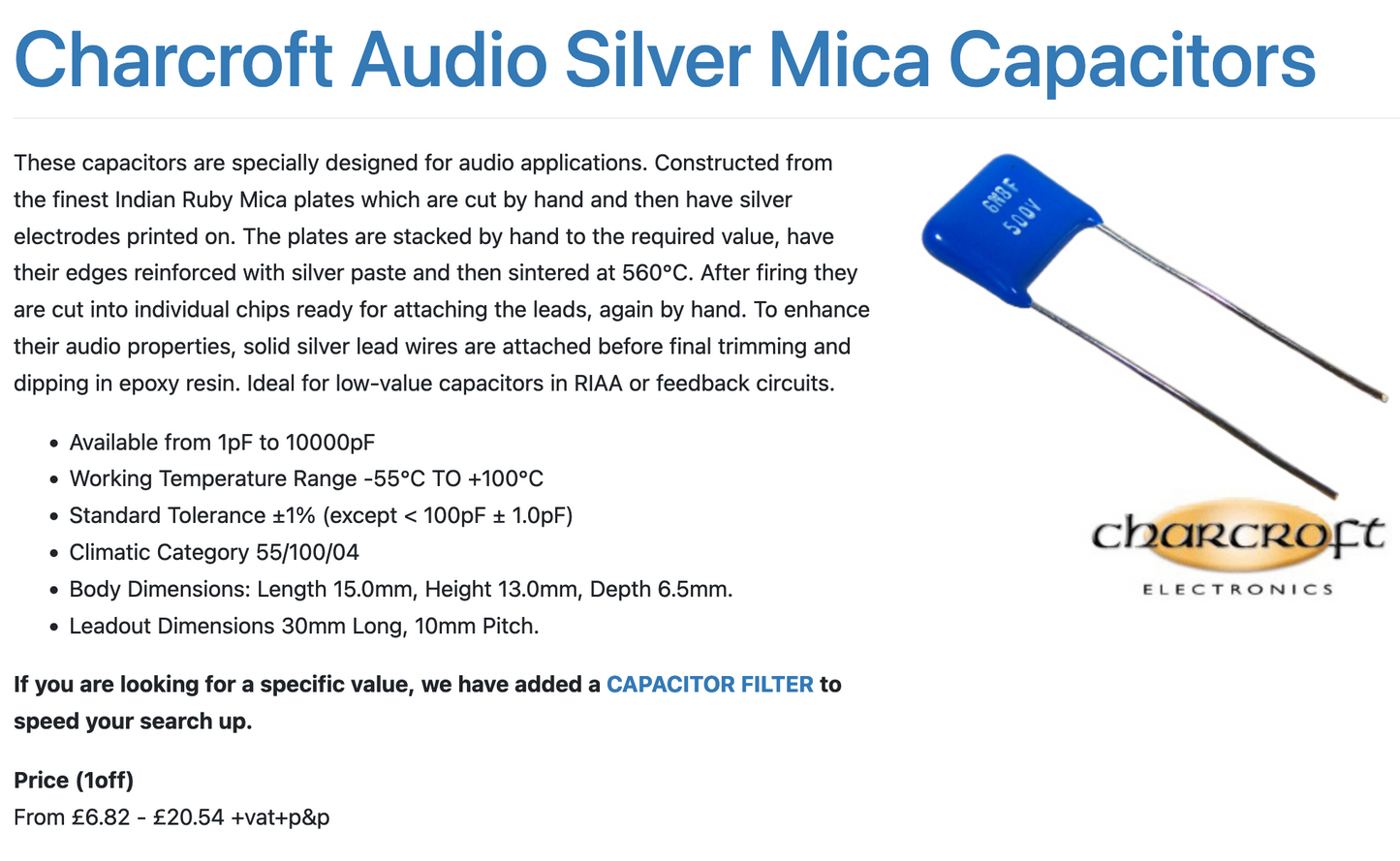 CHARCROFT, HIGH GRADE, SILVER MICA CAPACITOR, 117pF @ 500V WKG