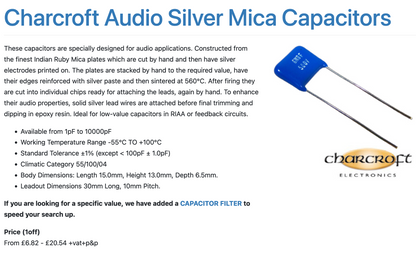 CHARCROFT, HIGH GRADE, SILVER MICA CAPACITOR, 117pF @ 500V WKG