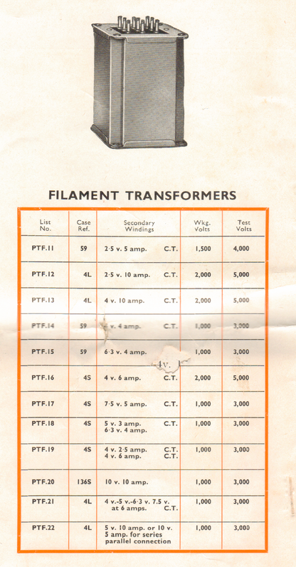 WODEN, FILAMENT TRANSFORMER, PTF15, 6.3V @4A