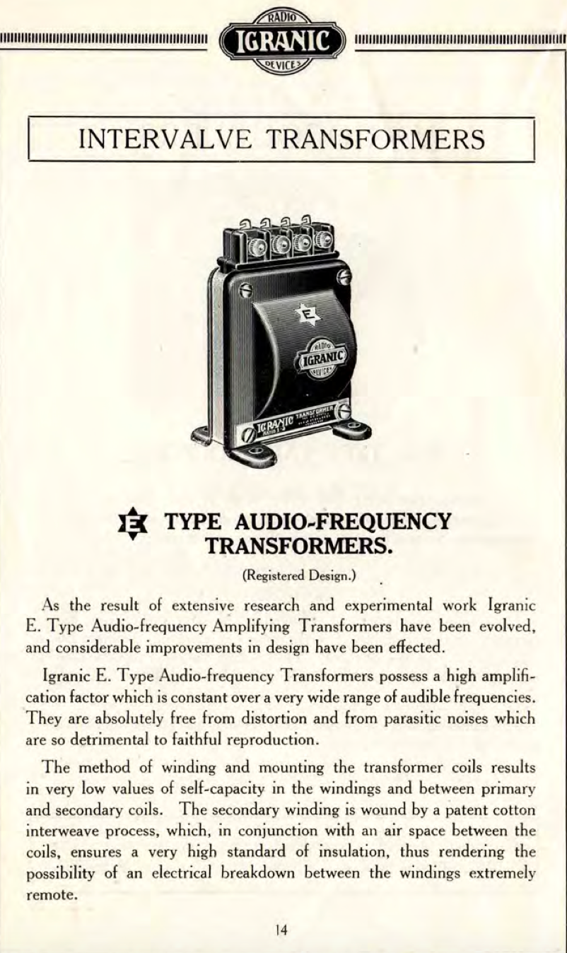 IGRANIC, TYPE E , AUDIO FREQUENCY INTER VALVE TRANSFORMER, RATIO 5:1, CAT No. 146 Dated 1925