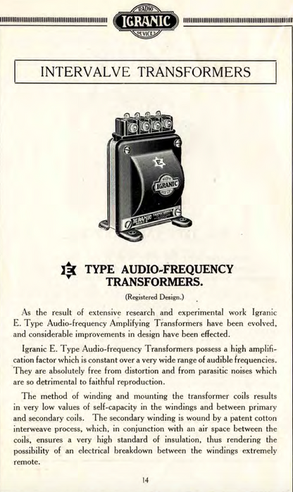 IGRANIC, TYPE E , AUDIO FREQUENCY INTER VALVE TRANSFORMER, RATIO 5:1, CAT No. 146 Dated 1925