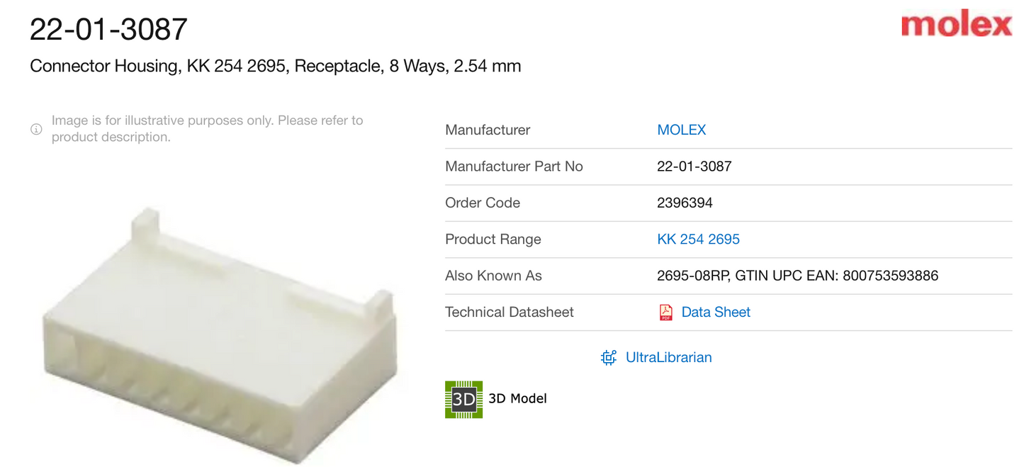 MOLEX, 22-01-3087, Connector Housing, KK 254 2695, Receptacle, 8 Ways, 2.54 mm X20, PLUS, 2759, 4809, KK® crimp terminals, X50