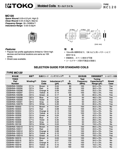 Toko, MC120, 10 mm Tunable RF Inductors, Closewound, 35-00774,  240nH, 105Q@50nM, 7.5T, bag of 2