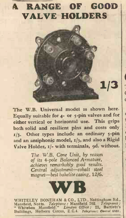 WHITELEY BONEHAM , B4, BRITISH 4 PIN, BAKELITE,  VALVE BASE, RT ANGLE MOUNT, 1929