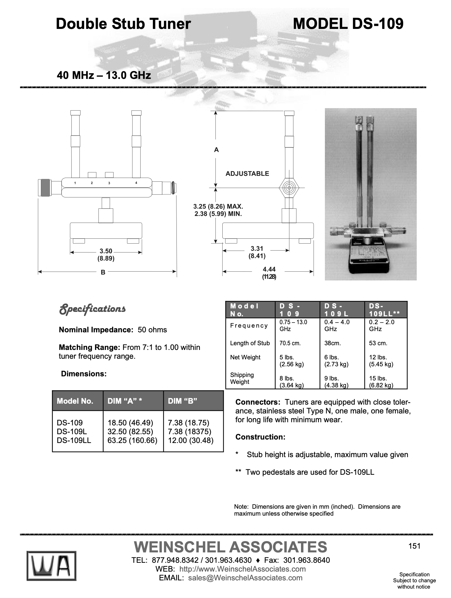 Weinschel, DS109LL, Double Stub Tuners, Two Pedestals and Two Stubs