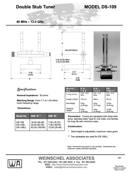 Weinschel, DS109LL, Double Stub Tuners, Two Pedestals and Two Stubs