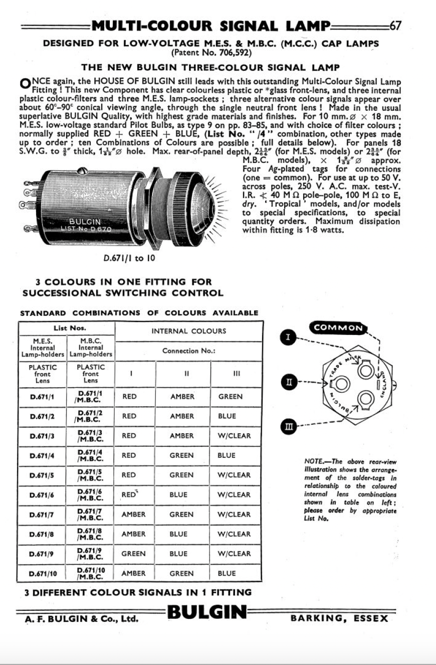 BULGIN, D671-2, SPECIAL DUTY, 3 COLOUR SIGNAL LAMP, CLEAR GLASS LENS