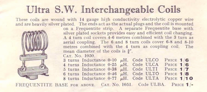 EDDYSTONE, ULTRA SHORT WAVE, INTERCHANGEABLE COIL, CAT No. 1050,  3 TURNS,  0.1uH INDUCTANCE, CODE NO, ULCO