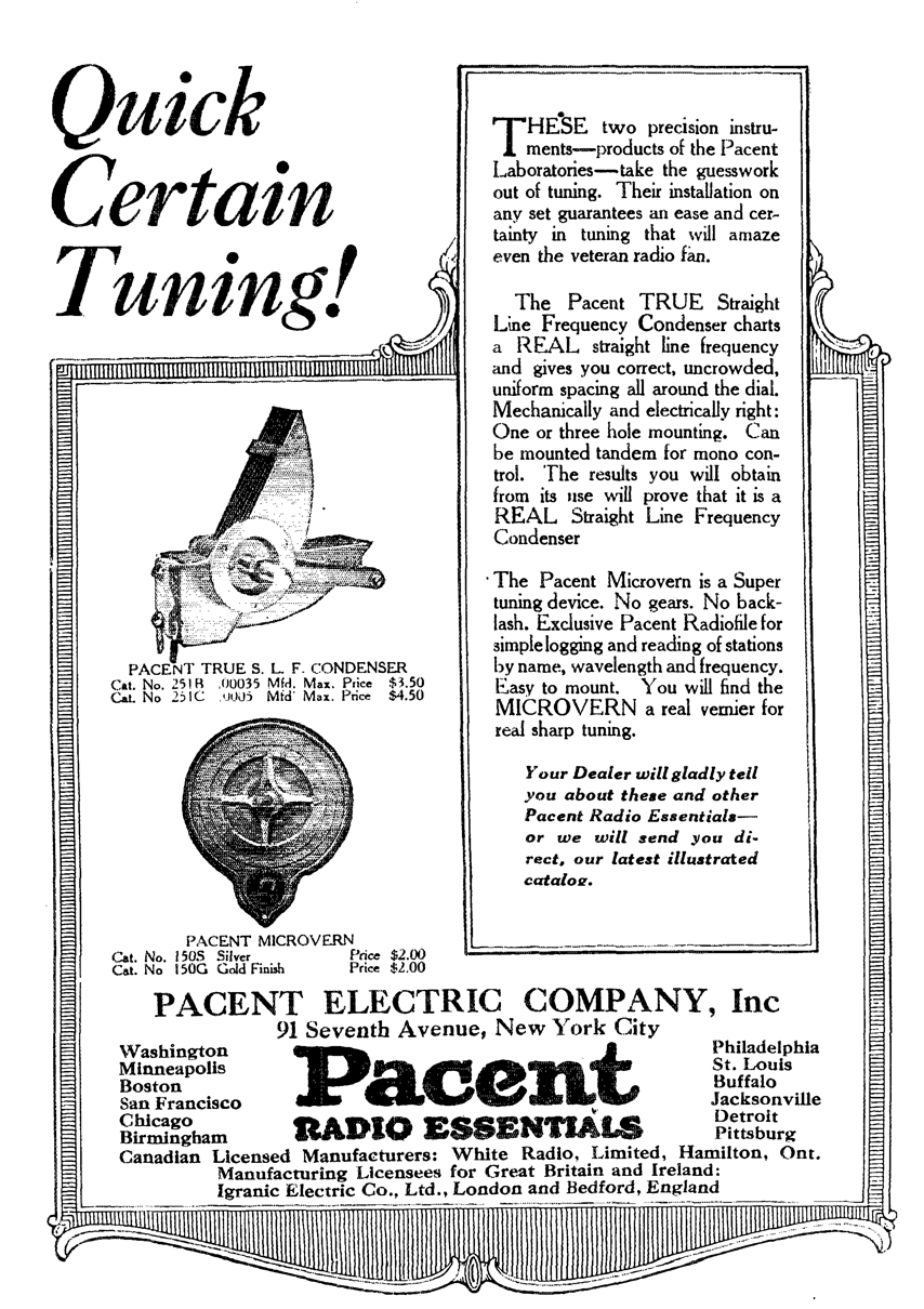 PACENT, BRASS, VARIABLE CONDENSER, 350 MMFD, VARIABLE CAPACITOR, 1926