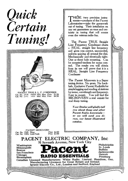 PACENT, BRASS, VARIABLE CONDENSER, 350 MMFD, VARIABLE CAPACITOR, 1926