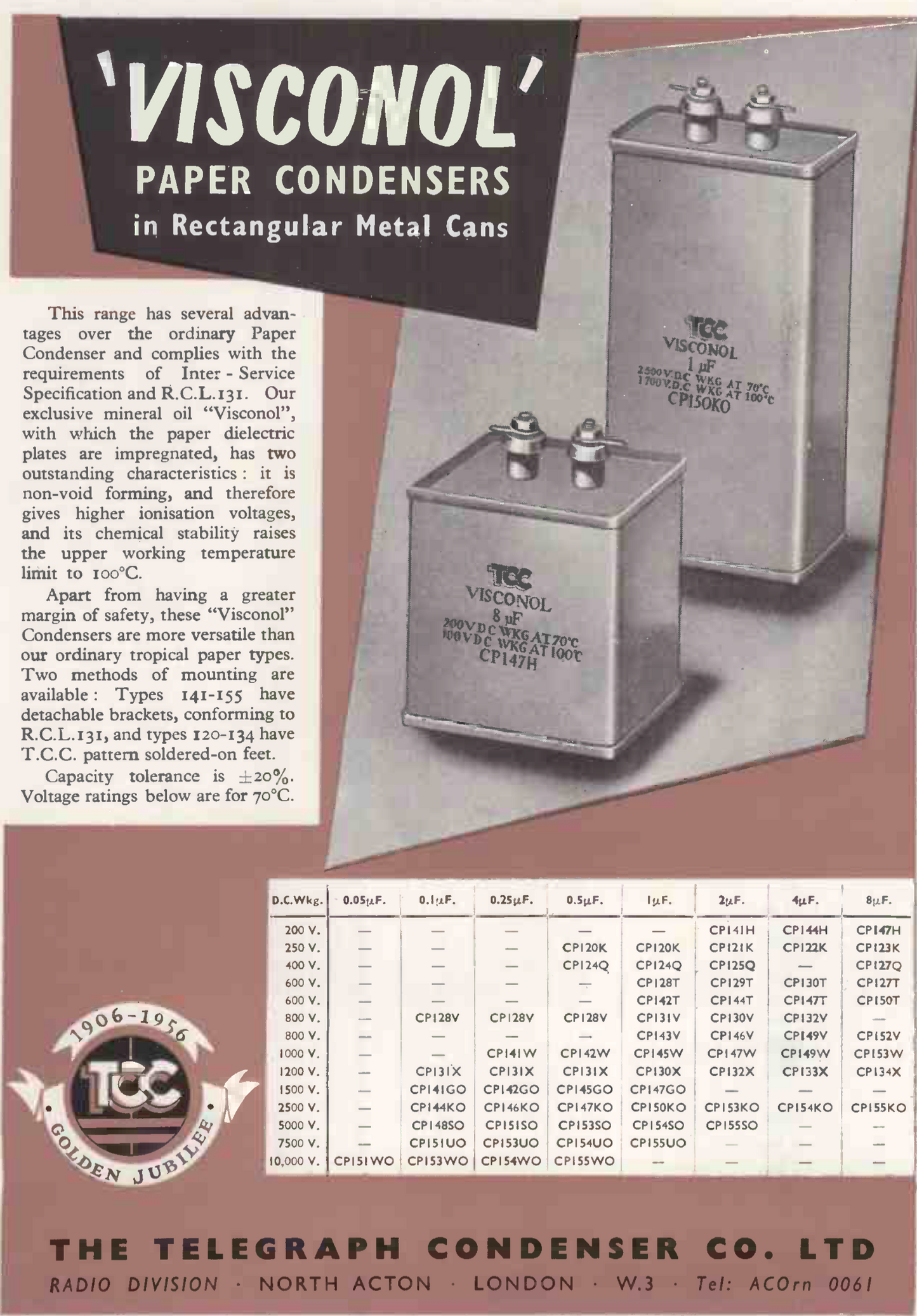 TCC, VISCONOL, PAPER IN OIL, PIO, PAPER BLOCK CAPACITORS, CERAMIC TERMINAL, 8uF @ 500V