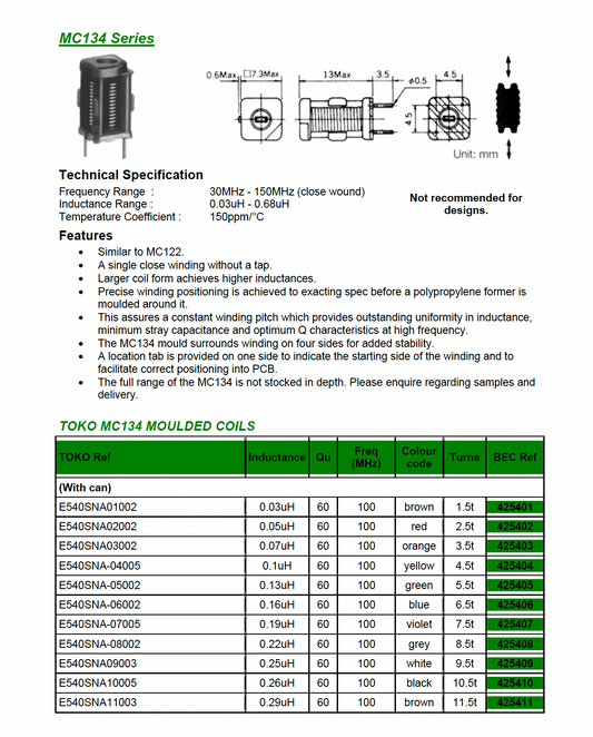 Toko, MC134, 10 mm Tunable RF Inductors, Closewound, 35-34062  160nH,  q=70@100M, 6.5T, bag of 2