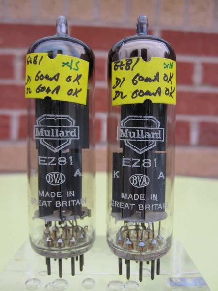 EZ81 MULLARD OLD SHIELD WHITE PRINT MATCHED PAIR WITH SAME FACTORY CODE
