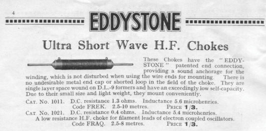 EDDYSTONE, ULTRA SHORT WAVE HF CHOKE, 5.6uH, 2.4 - 10M, CAT NO. 1011,  CODE FREK, - MULLARD MAGIC - 2