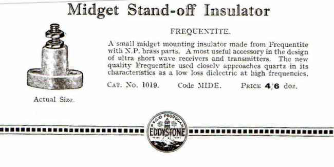 RADIOSPARES SUPPLIED, EDDYSTONE,  FREQUENTITE, MIDGET  STANDOFF INSULATOR, CAT NO 1016  CODE MIDE, WHITE FLERON CERAMIC, APPROX 28mm WIDE, 25mm HEIGHT