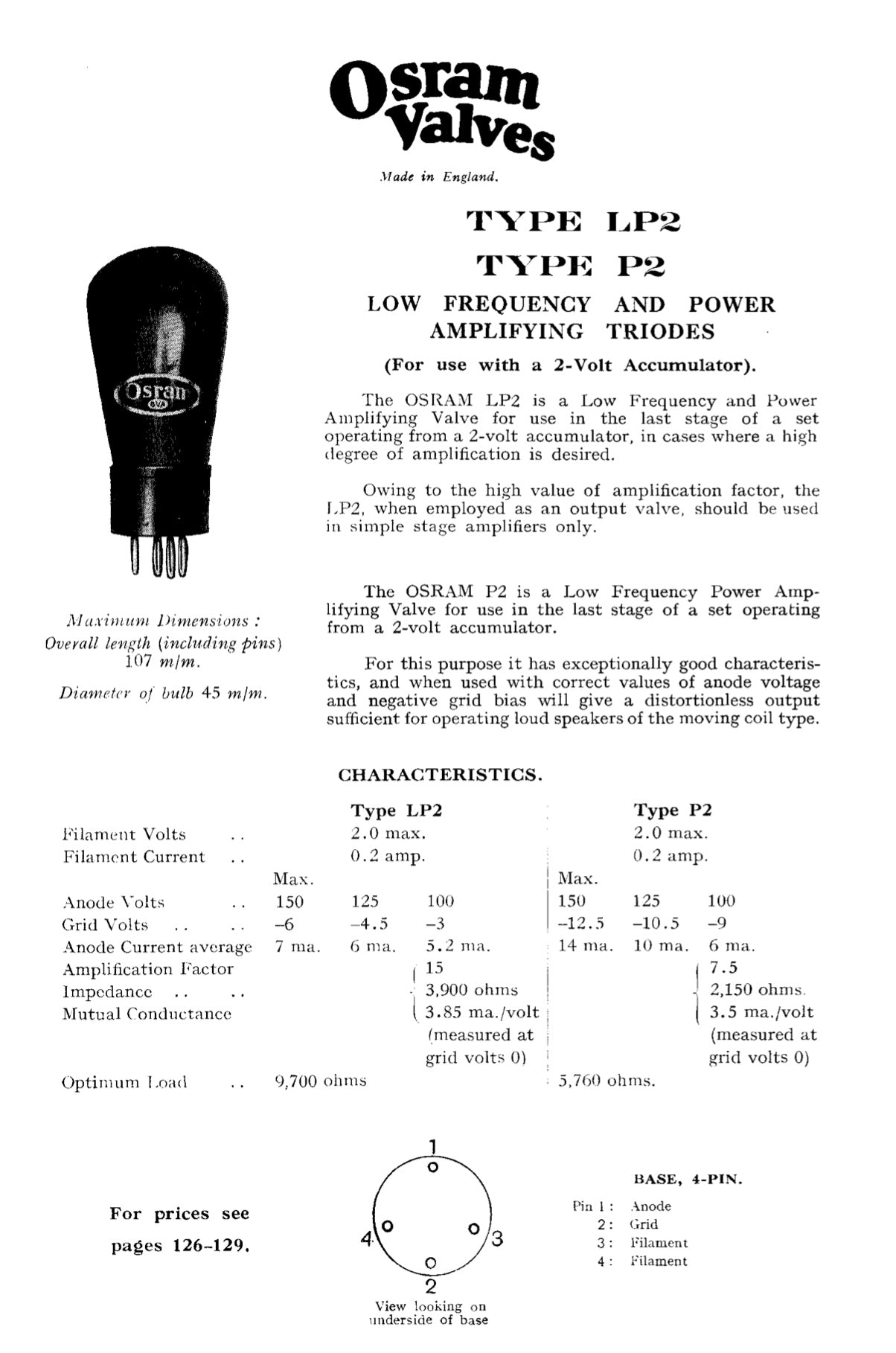 LP2 , OSRAM, BALLOON ENVELOPE, ANGLED PLATE,  220PA, 230C, AR6, CV548, CV1162, CV1166, CV1304, NR42, P12-250, VR22
