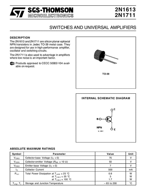 2N1613, NPN, General Purpose Transistor, with Gold leads,